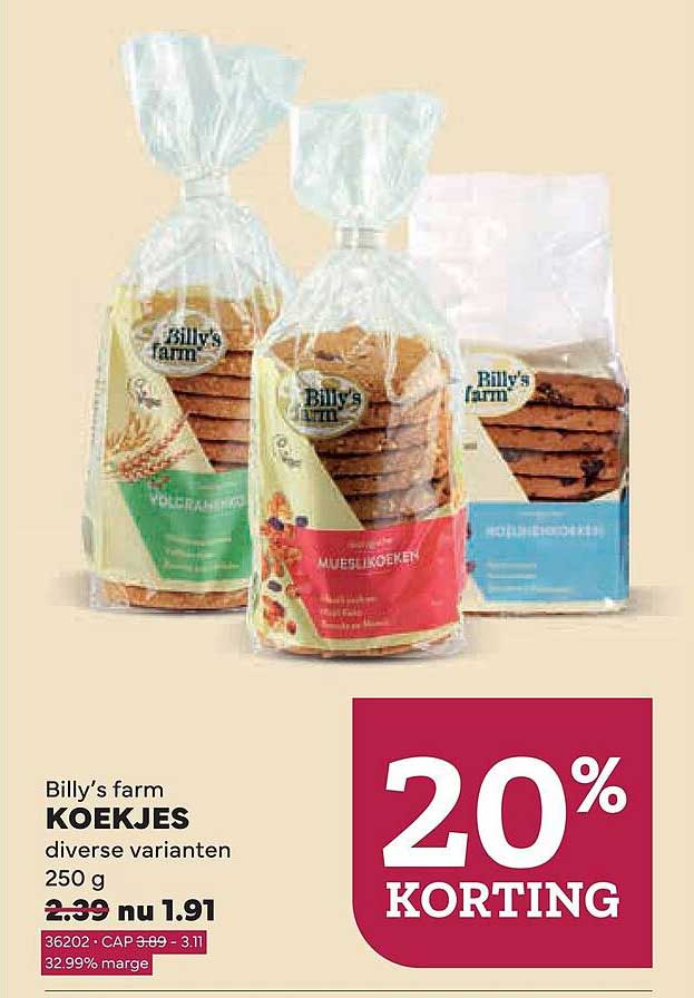 Billy's farm KOEKJES diverse varianten 250 g 20% KORTING