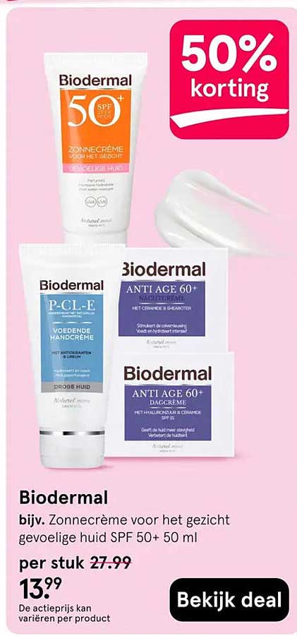 Biodermal bijv. Zonnecrème voor het gezicht gevoelige huid SPF 50+ 50 ml 50% korting