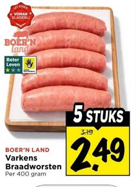 BOER'N LAND Varkens Braadworsten Per 400 gram 5 STUKS