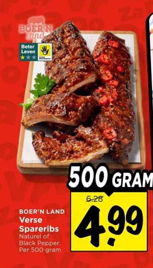 BOER'N LAND Verse Spareribs Naturel of Black Pepper. Per 500 gram