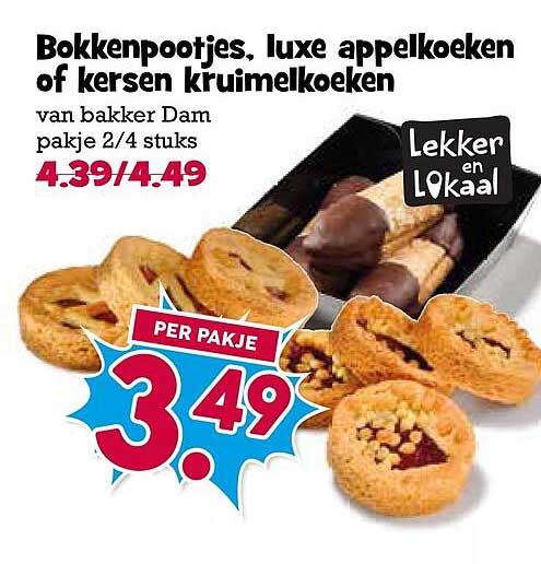 Bokkenpootjes, luxe appelkoeken of kersen kruimelkoeken van bakker Dam pakje 2/4 stuks