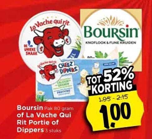 Boursin Pak 80 gram of La Vache Qui Rit Portie of Dippers 3 stuks TOT 52% KORTING
