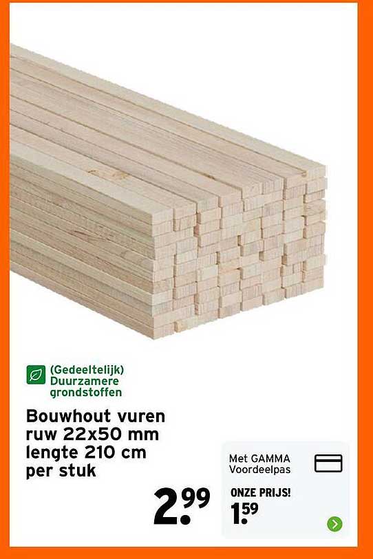 Bouwhout vuren ruw 22x50 mm lengte 210 cm per stuk