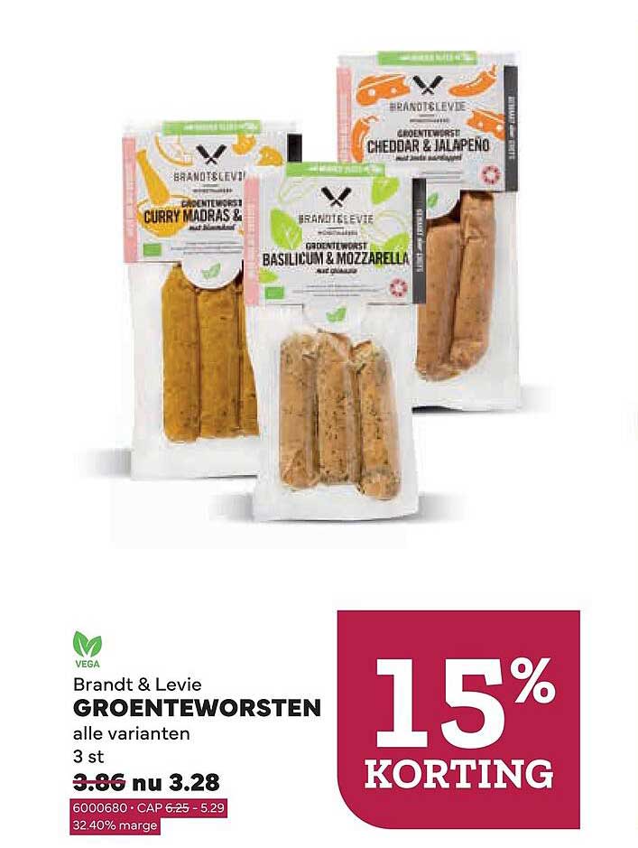 Brandt & Levie GROENTEWORSTEN alle varianten 3 st 15% KORTING