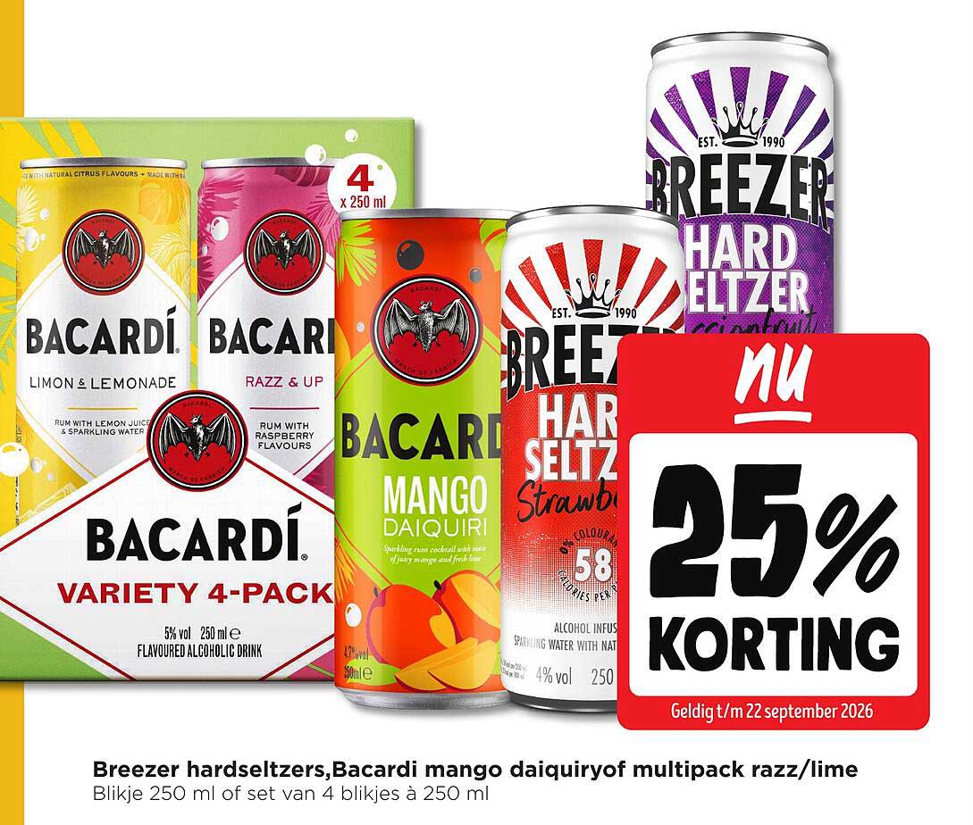 Breezer hard seltzers, Bacardi mango daiquiry of multipack razz/lime 25% korting