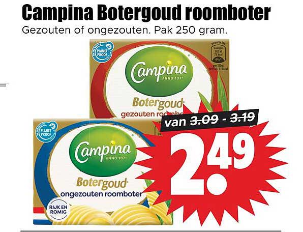 Campina Botergoud roomboter Gezouten of ongezouten. Pak 250 gram