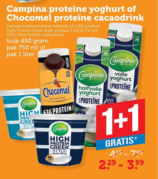 Campina proteïne yoghurt of Chocomel proteïne cacaodrink 1+1 gratis