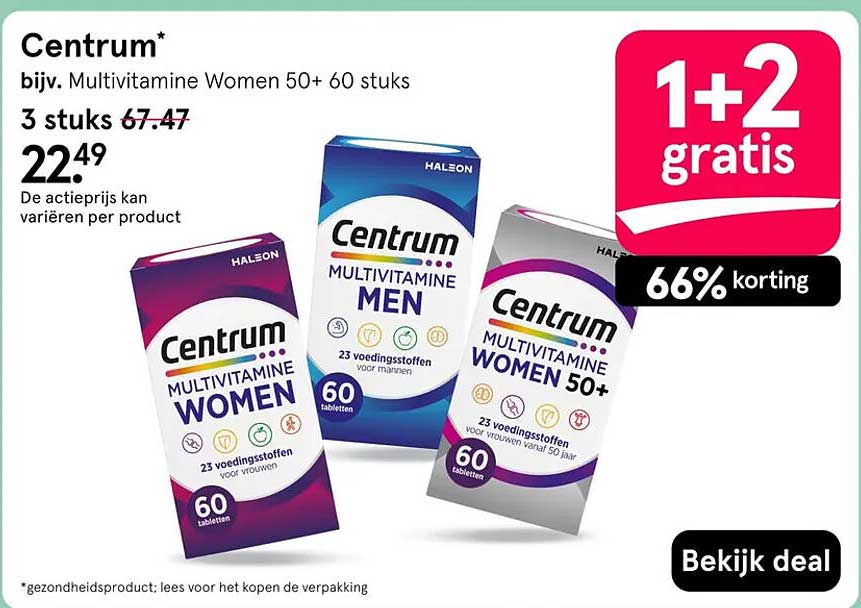 Centrum* bijv. Multivitamine Women 50+ 60 stuks 1+2 gratis