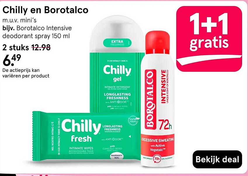 Chilly en Borotalco m.u.v. mini’s bijv. Borotalco Intensive deodorant spray 150 ml 1+1 gratis