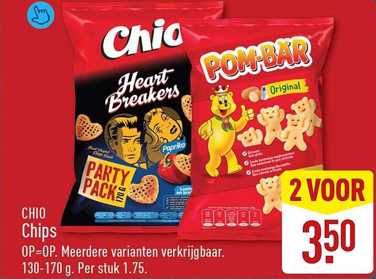 CHIO Chips OP=OP. Meerdere varianten verkrijgbaar. 130-170 g. Per stuk 1.75. 2 VOOR
