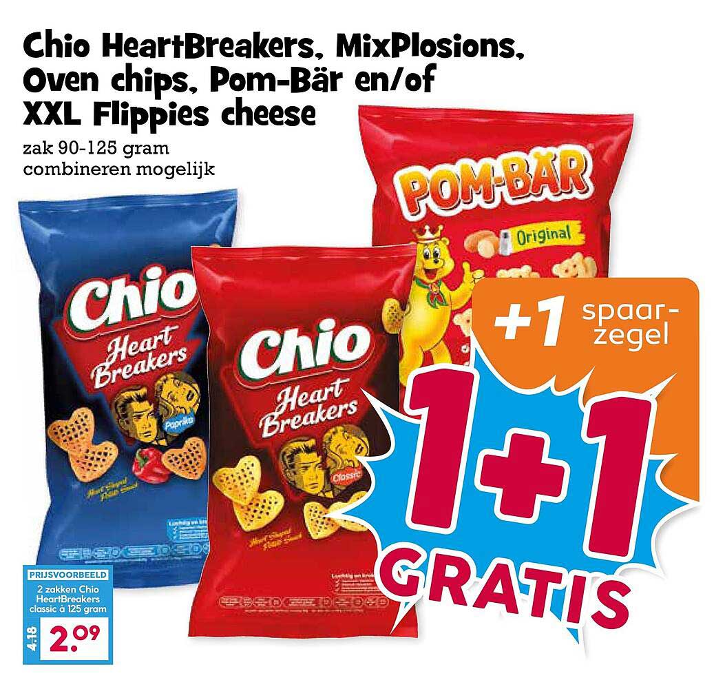 Chio HeartBreakers, MixPlosions, Oven chips, Pom-Bär en/of XXL Flippies cheese 1+1 gratis
