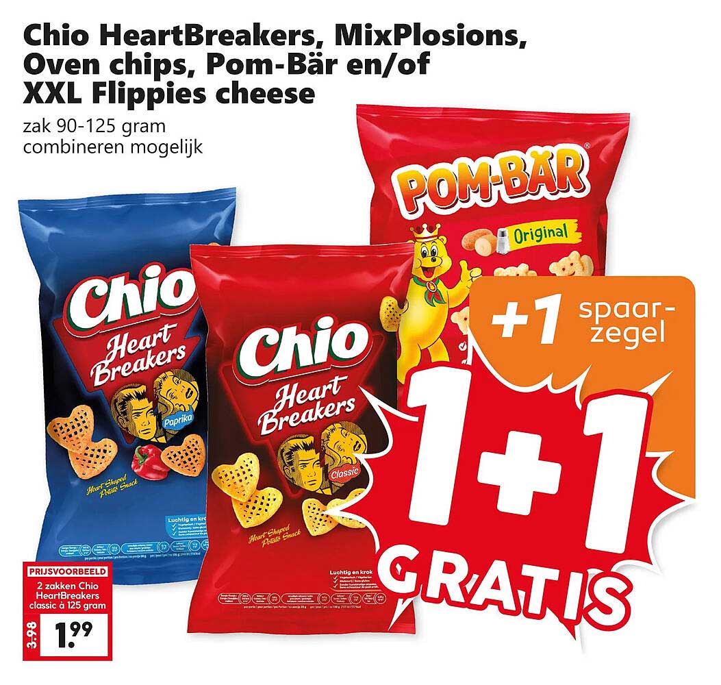 Chio HeartBreakers, MixPlosions, Oven chips, Pom-Bär en/of XXL Flippies cheese 1+1 gratis