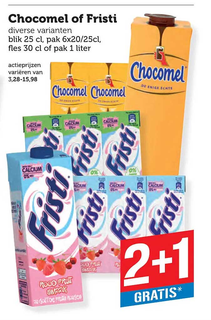 Chocomel of Fristi diverse varianten blik 25 cl, pak 6x20/25cl, fles 30 cl of pak 1 liter 2+1 GRATIS*