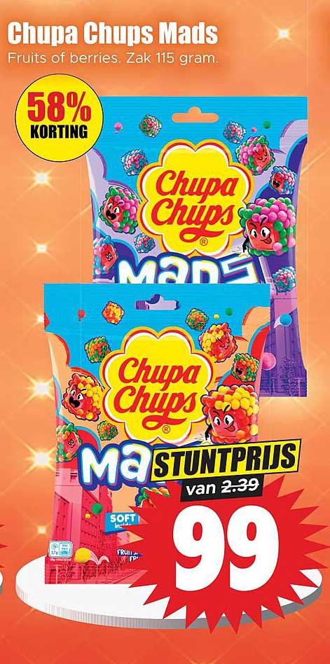 Chupa Chups Mads Fruits of berries. Zak 115 gram. 58% KORTING