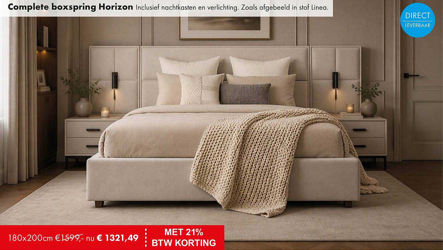 Complete boxspring Horizon Inclusief nachtkasten en verlichting. Zoals afgebeeld in stof Linea. MET 21% BTW KORTING