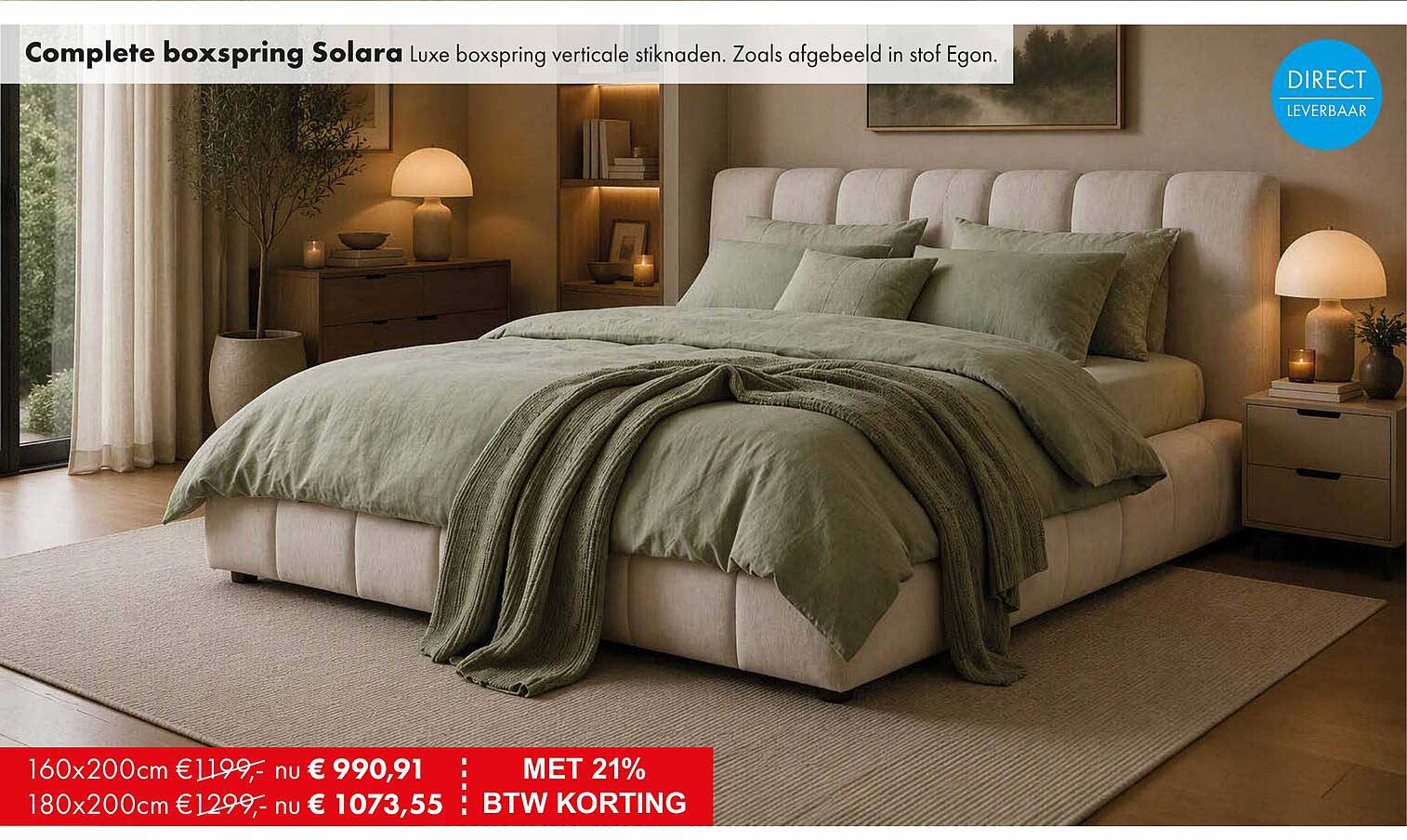 Complete boxspring Solara luxe boxspring verticale stiknaden. Zoals afgebeeld in stof Egon.