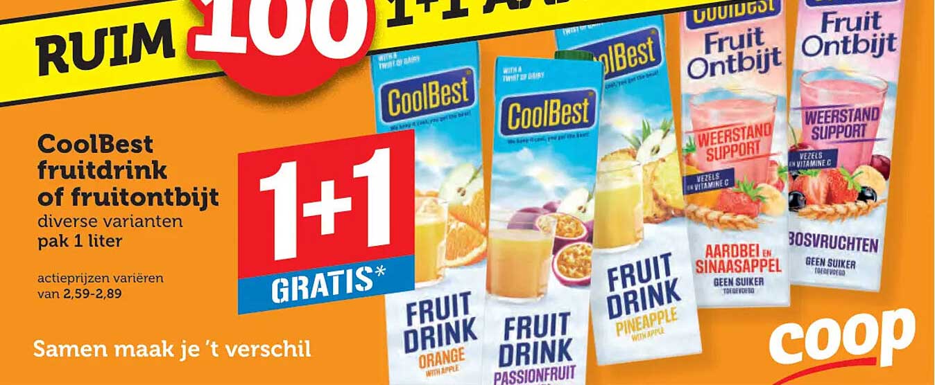 CoolBest fruitdrink of fruitontbijt diverse varianten pak 1 liter 1+1 gratis