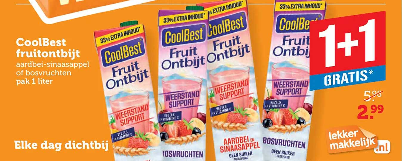 CoolBest fruitontbijt aardbei-sinaasappel of bosvruchten pak 1 liter 1+1 GRATIS*