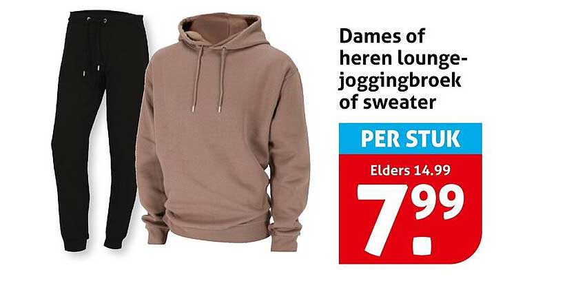 Dames of heren lounge-joggingbroek of sweater PER STUK