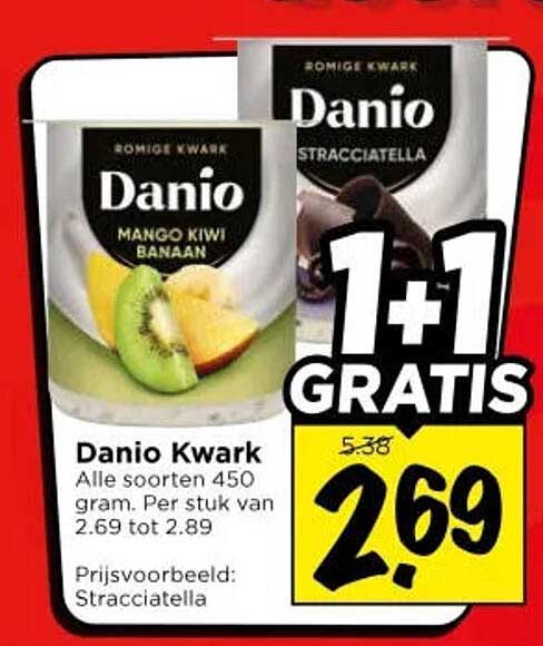 Danio Kwark Alle soorten 450 gram. Per stuk van 2.69 tot 2.89 1+1 GRATIS