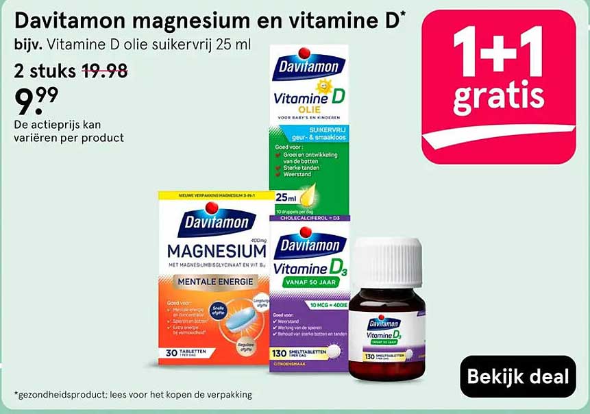 Davitamon magnesium en vitamine D* 1+1 gratis