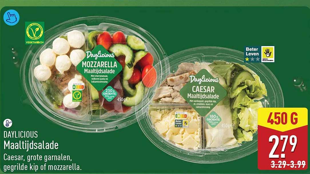 DAYLICIOUS Maaltijdsalade Caesar, grote garnalen, gegrilde kip of mozzarella.