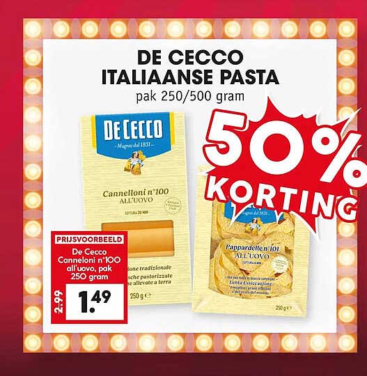 DE CECCO ITALIAANSE PASTA pak 250/500 gram 50% KORTING