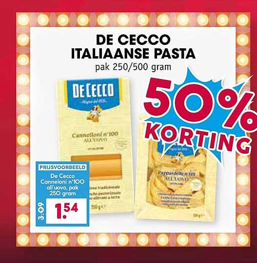 DE CECCO ITALIAANSE PASTA pak 250/500 gram 50% KORTING