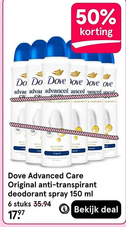 Dove Advanced Care Original anti-transpirant deodorant spray 150 ml 6 stuks 50% korting