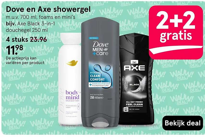 Dove en Axe showergel 2+2 gratis