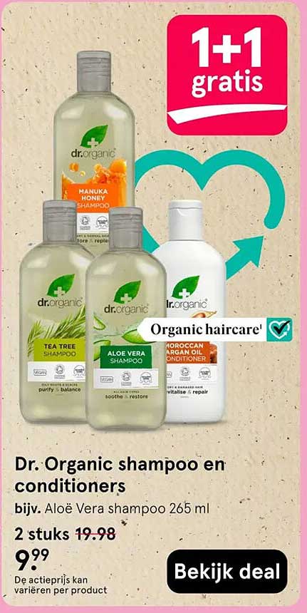 Dr. Organic shampoo en conditioners 1+1 gratis