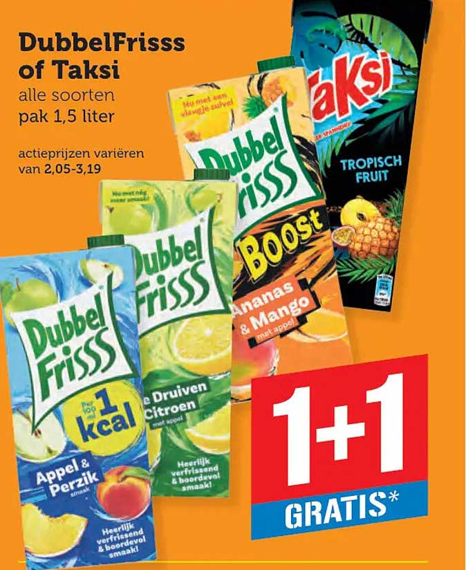 DubbelFrisss of Taksi alle soorten pak 1,5 liter 1+1 gratis