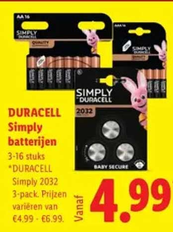 DURACELL Simply batterijen 3-16 stuks *DURACELL Simply 2032 3-pack. Prijzen variëren van €4.99 - €6.99.