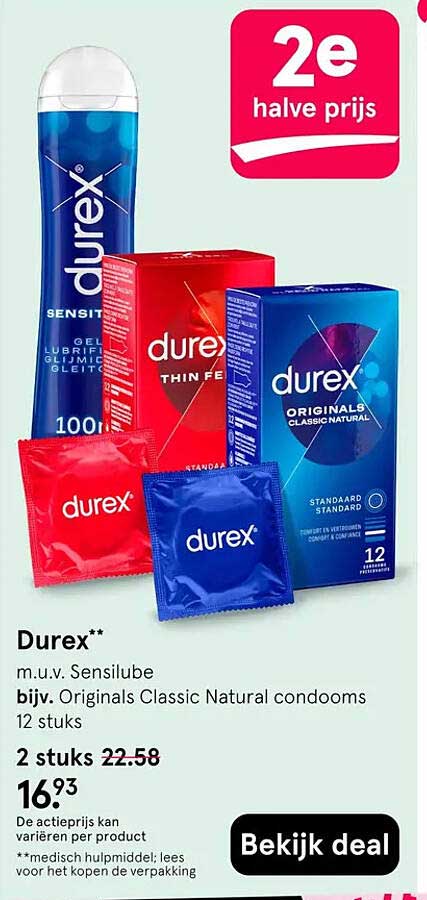 Durex m.u.v. Sensilube bijv. Originals Classic Natural condooms 12 stuks 2e halve prijs