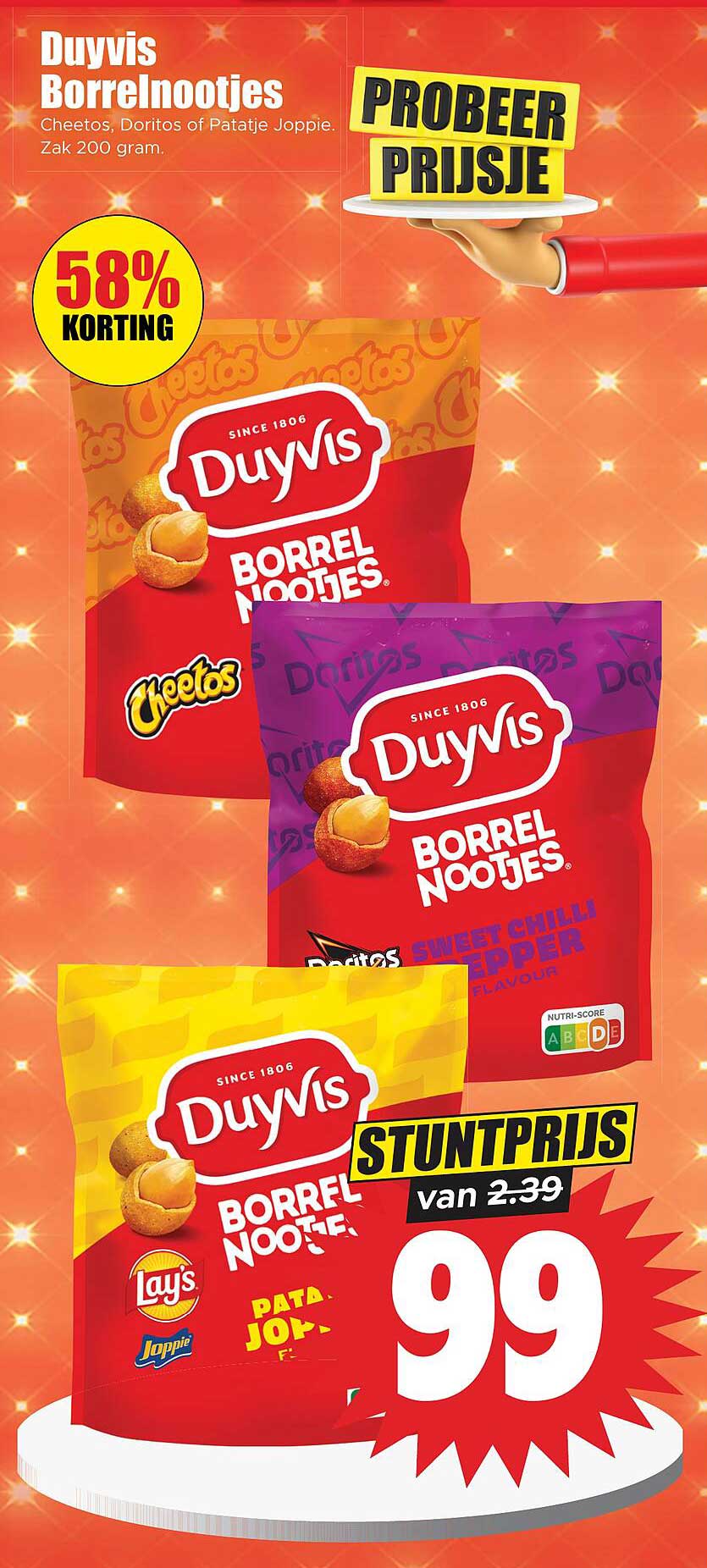 Duyvis Borrelnootjes Cheetos, Doritos of Patatje Joppie. Zak 200 gram. PROBEER PRIJSJE