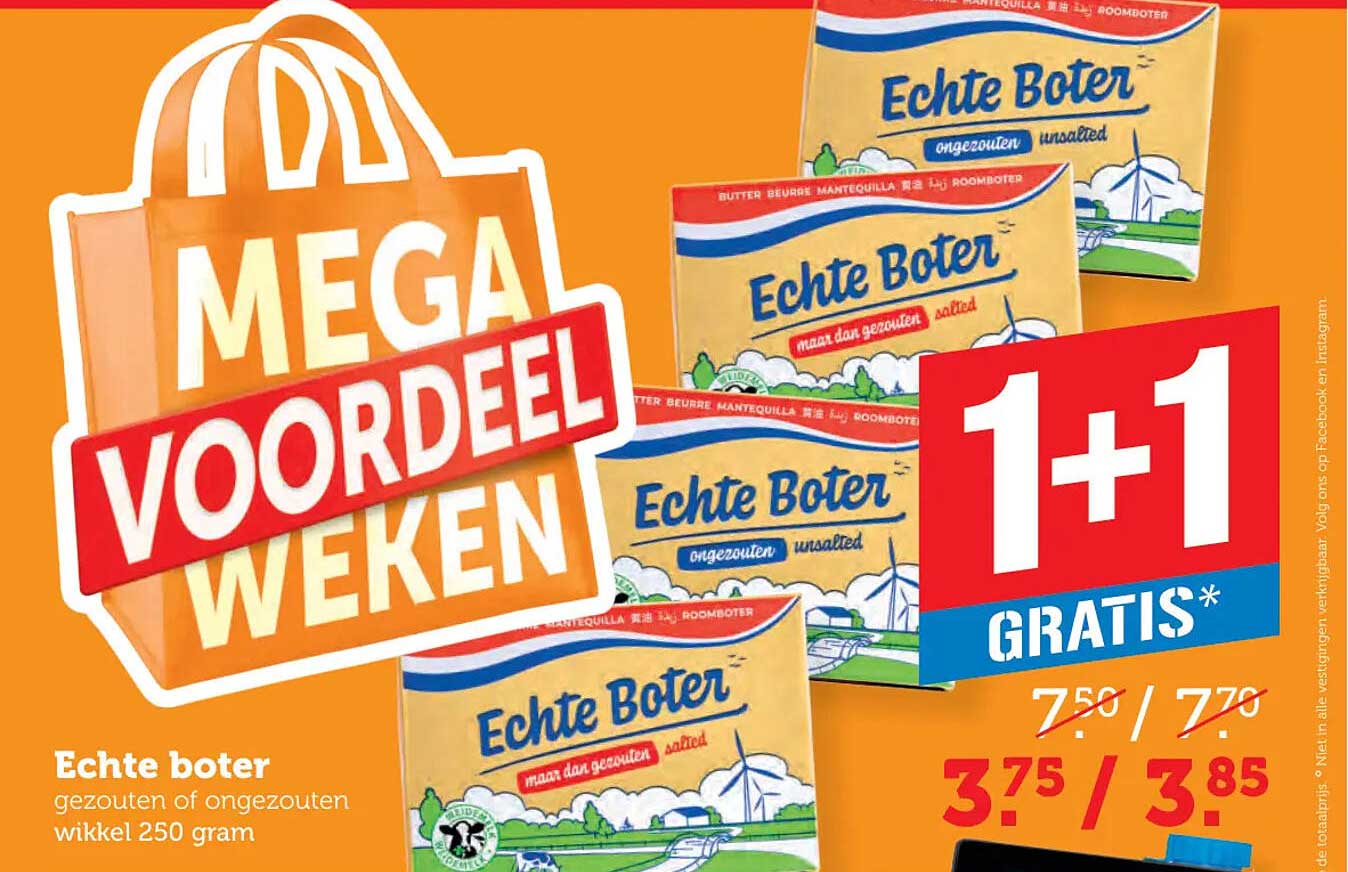 Echte boter gezouten of ongezouten wikkel 250 gram 1+1 gratis