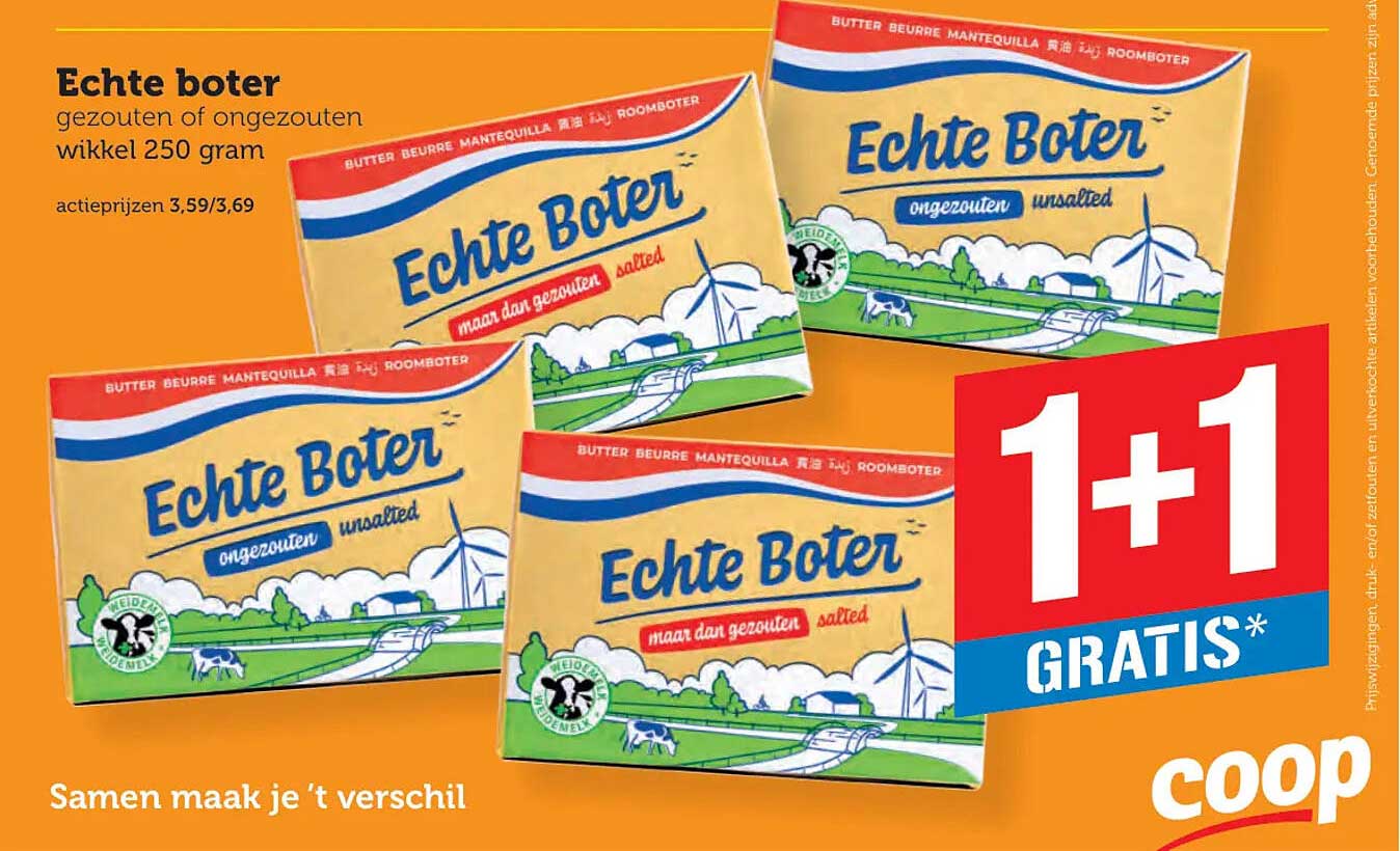 Echte boter gezouten of ongezouten wikkel 250 gram 1+1 GRATIS*