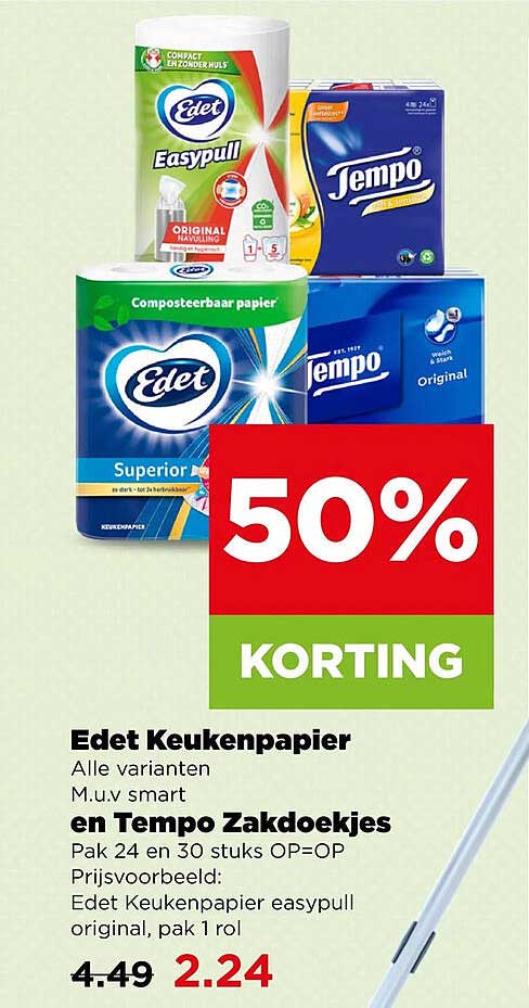 Edet Keukenpapier Alle varianten M.u.v smart en Tempo Zakdoekjes Pak 24 en 30 stuks OP=OP 50% KORTING