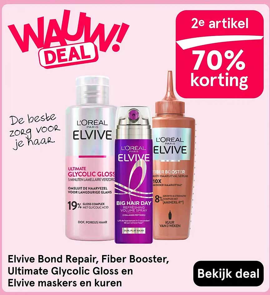 Elvive Bond Repair, Fiber Booster, Ultimate Glycolic Gloss en Elvive maskers en kuren 2e artikel 70% korting