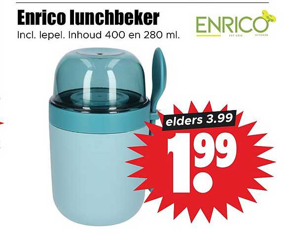 Enrico lunchbeker Incl. lepel. Inhoud 400 en 280 ml.