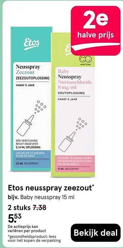 Etos neusspray zeezout* bijv. Baby neusspray 15 ml 2e halve prijs
