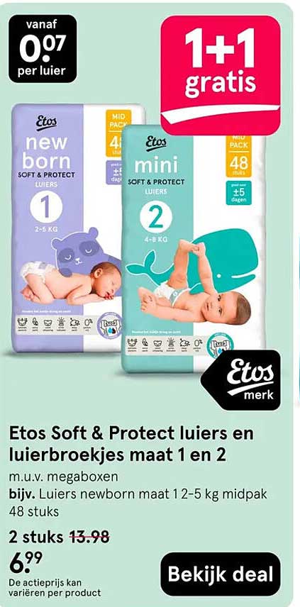 Etos Soft & Protect luiers en luierbroekjes maat 1 en 2 1+1 gratis