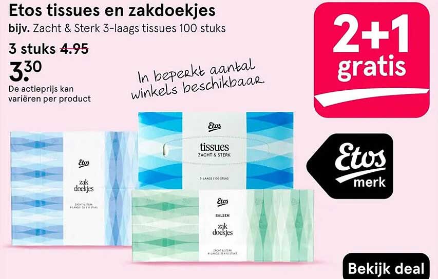 Etos tissues en zakdoekjes 2+1 gratis