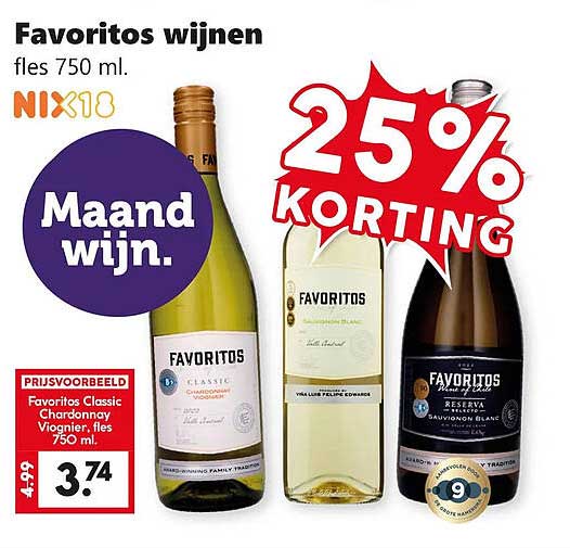 Favoritos wijnen fles 750 ml. 25% KORTING