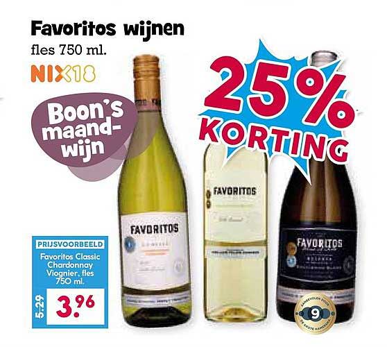Favoritos wijnen fles 750 ml. NIX18 Boon’s maand-wijn 25% KORTING