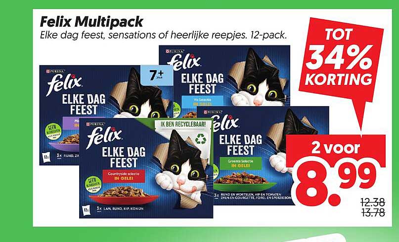 Felix Multipack Elke dag feest, sensations of heerlijke reepjes. 12-pack. 2 voor 8.99