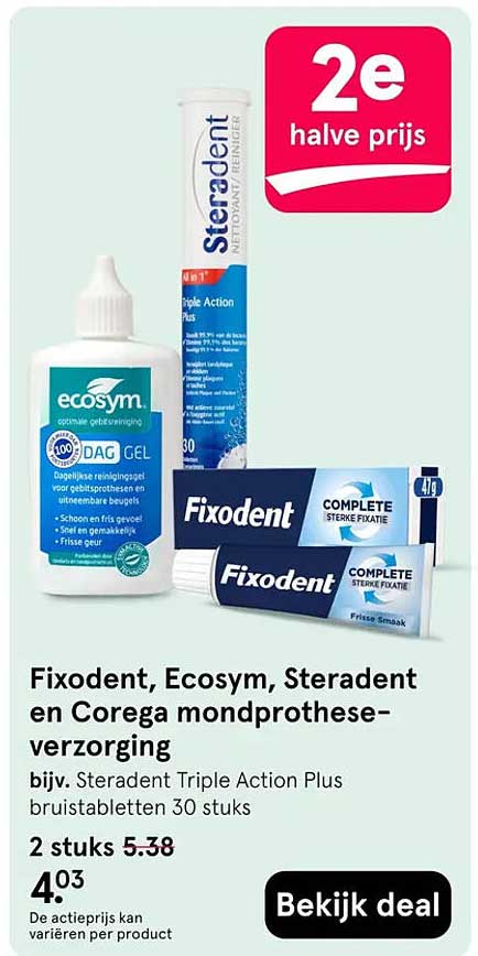 Fixodent, Ecosym, Steradent en Corega mondprothese-verzorging bijv. Steradent Triple Action Plus bruistabletten 30 stuks 2e halve prijs