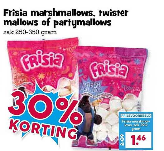 Frisia marshmallows, twister mallows of partymallows zak 250-350 gram 30% KORTING