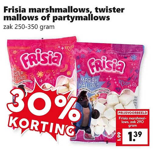 Frisia marshmallows, twister mallows of partymallows zak 250-350 gram 30% KORTING