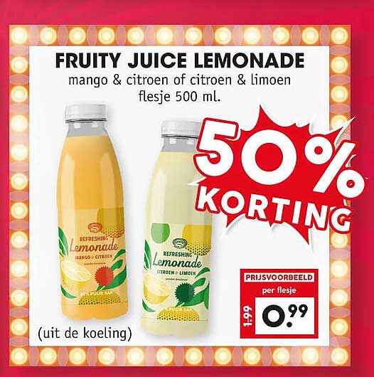 FRUITY JUICE LEMONADE mango & citroen of citroen & limoen flesje 500 ml. 50% KORTING